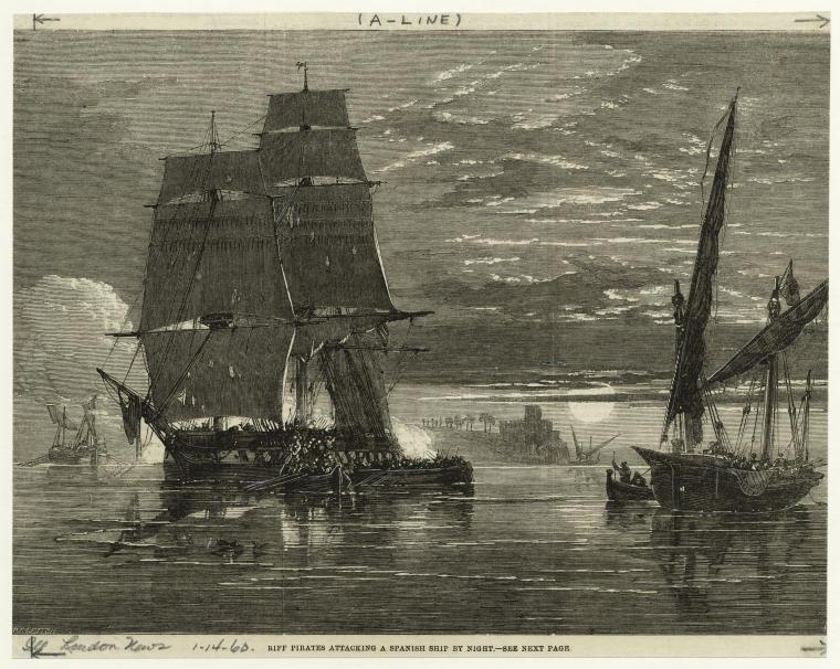 Barcos piratas atacando navío español