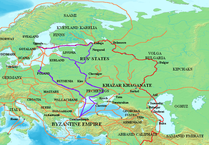 Mapa de las posibles rutas comerciales de marfil vikingas